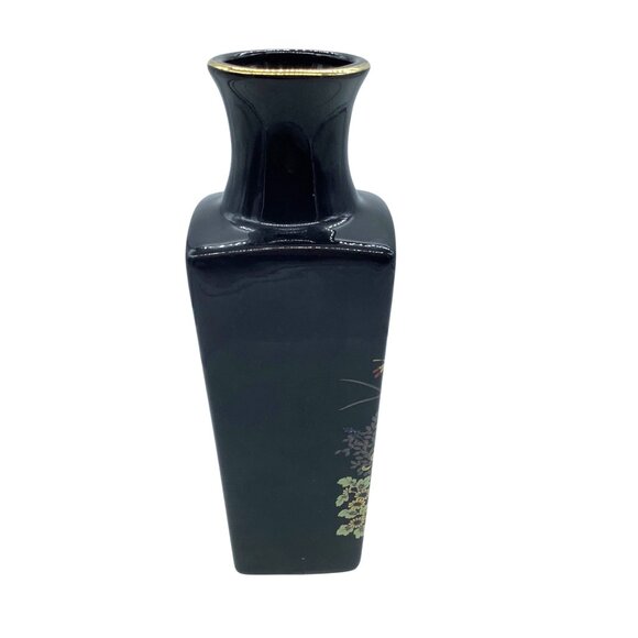 Vintage Imperial Dynasty by MANN Black Porcelain Vase Gold Trim Floral Design 7" - Picture 4 of 7